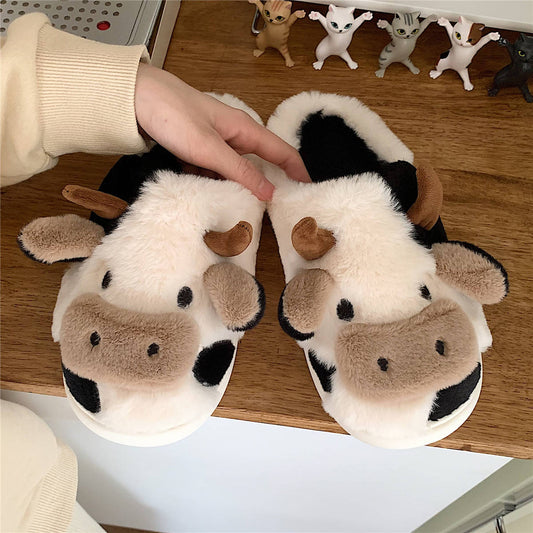 Cute Cow Animal Slipper for Women Girls Fashion Kawaii Soft Fluffy Winter Warm Slippers Woman Cartoon Milk Cow House Slippers Funny Shoes